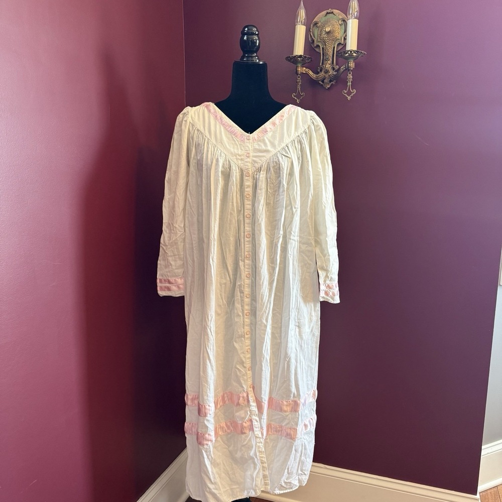 VTG Eileen West S Nightgown Ballet Long Sleeve Pink Ribbon Cotton Cottage Granny